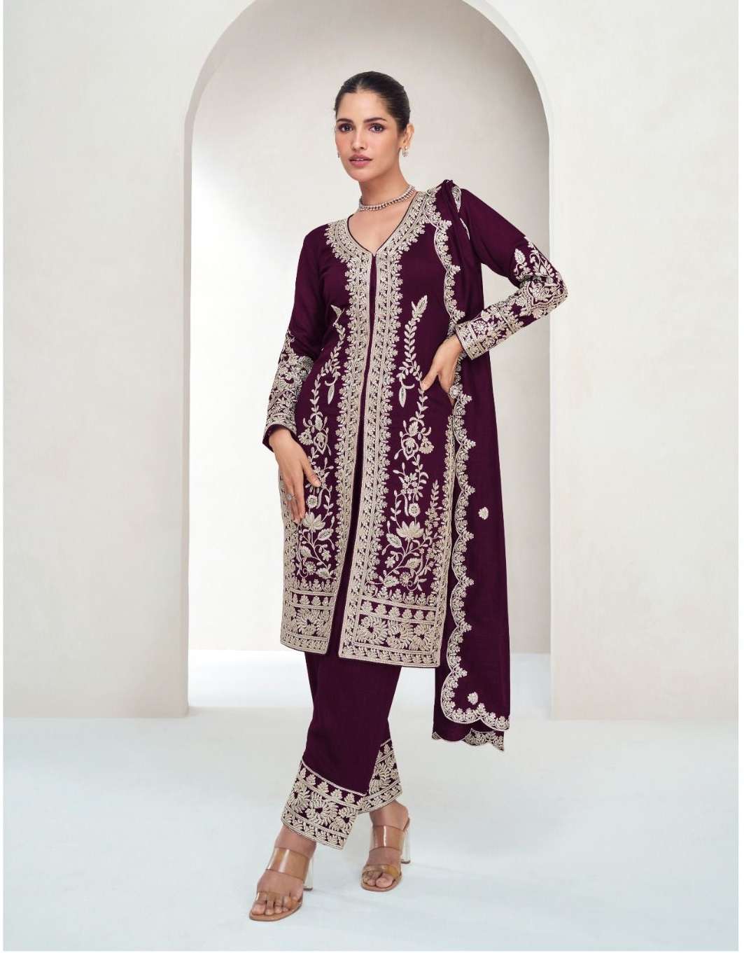 INDIAN DESIGNER FANCY WEDDING PARTY WEAR WINE PREMIUM SILK STRAIGHT SALWAR SUIT AF AAROHI 10058