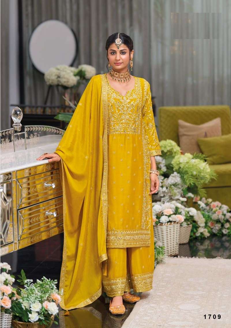 INDIAN DESIGNER FANCY WEDDING PARTY WEAR YELLOW CHINON PALLAZO SHARARA SALWAR SUIT DST EB SHAYONI 1709