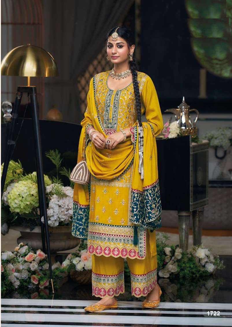 INDIAN DESIGNER FANCY WEDDING PARTY WEAR YELLOW CHINON PALLAZO SHARARA SALWAR SUIT DST EB SIMRAN 1722