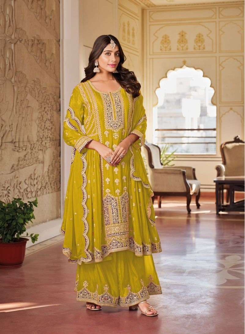 INDIAN DESIGNER FANCY WEDDING PARTY WEAR YELLOW CHINON PALLAZO SHARARA SALWAR SUIT RH GLORINA 1001