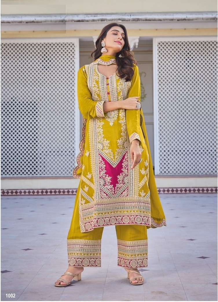 INDIAN DESIGNER FANCY WEDDING PARTY WEAR YELLOW CHINON PALLAZO SHARARA SALWAR SUIT RH GLAMUP 1002