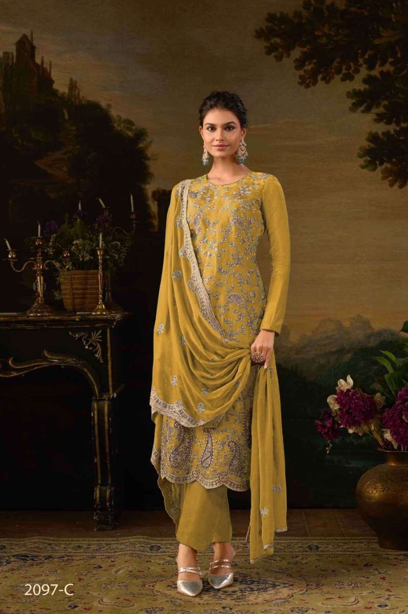 INDIAN DESIGNER FANCY WEDDING PARTY WEAR YELLOW SILK STRAIGHT SALWAR SUIT CPR 2097 C