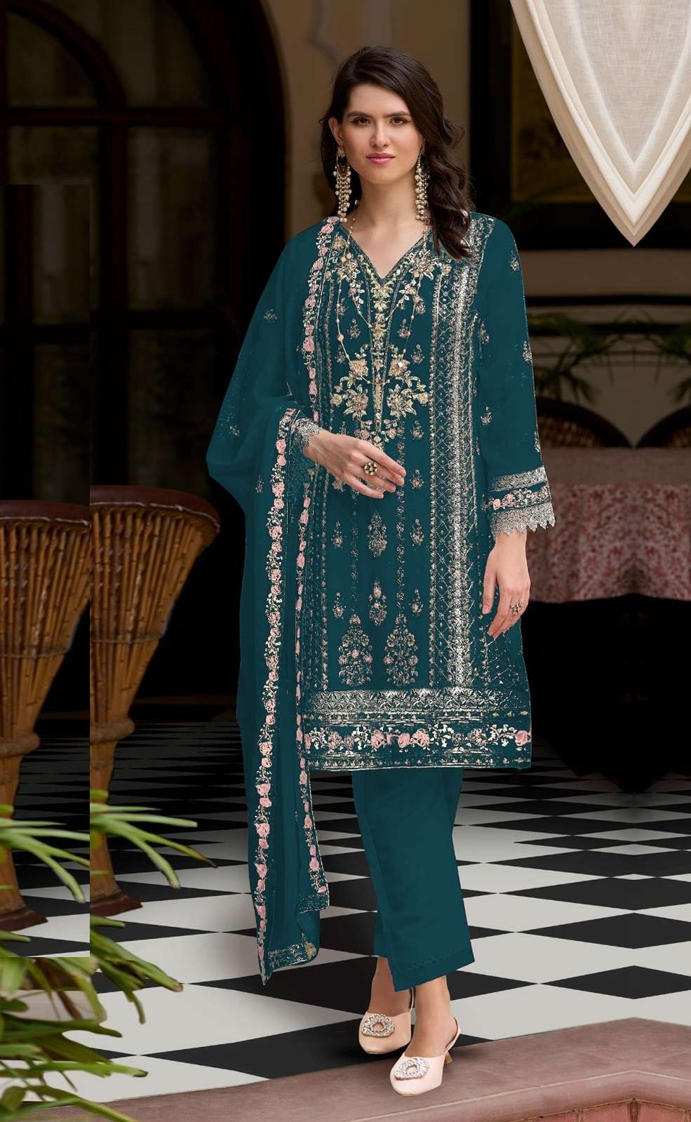 NDIAN DESIGNER FANCY WEDDING PARTY WEAR GREEN GEORGETTE PAKISTANI STRAIGHT SALWAR SUIT SRH 1112 C