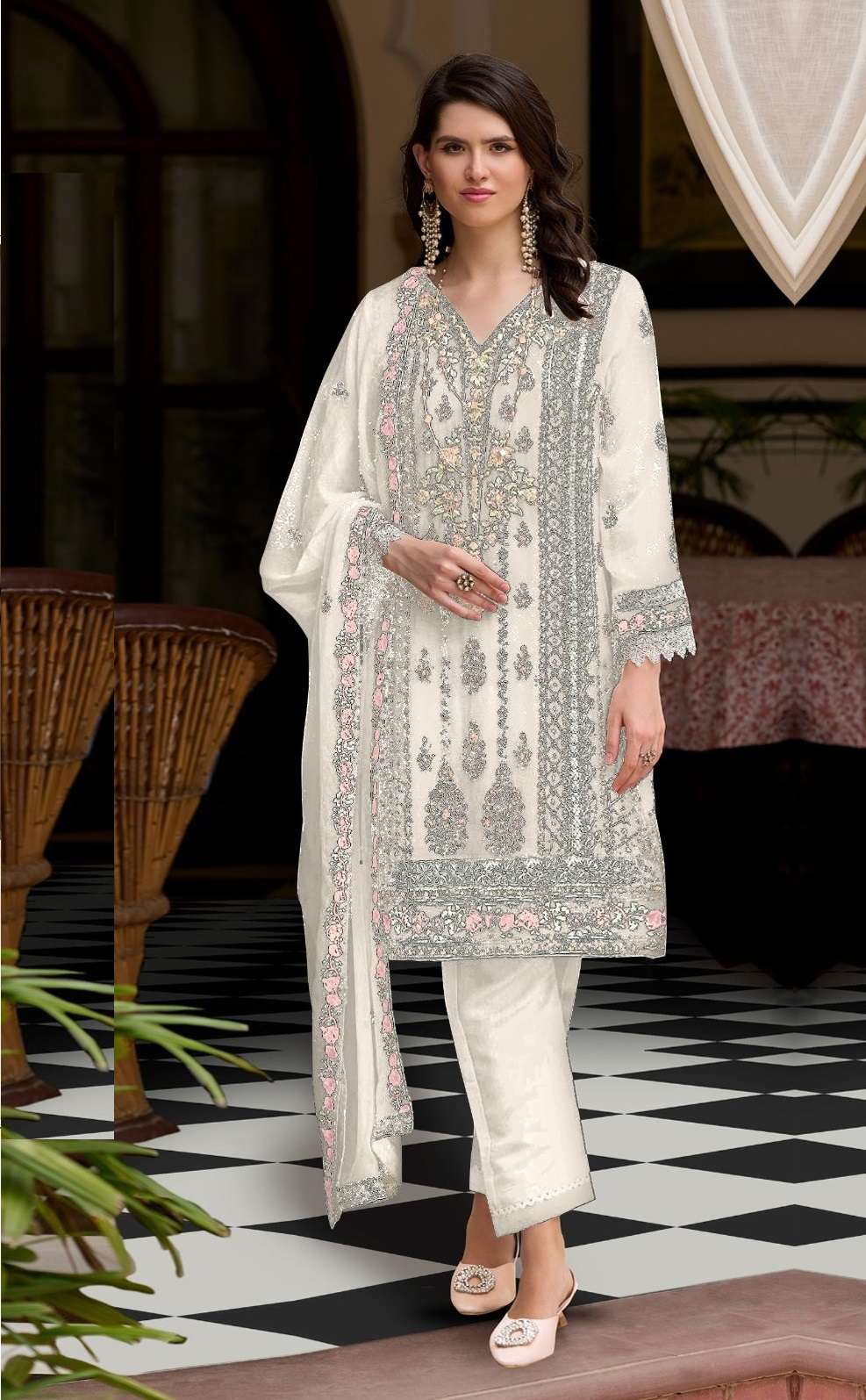 NDIAN DESIGNER FANCY WEDDING PARTY WEAR WHITE GEORGETTE PAKISTANI STRAIGHT SALWAR SUIT SRH 1112 D