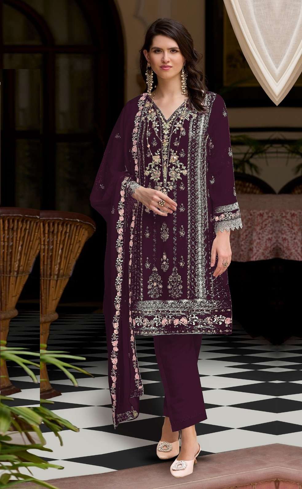 NDIAN DESIGNER FANCY WEDDING PARTY WEAR WINE GEORGETTE PAKISTANI STRAIGHT SALWAR SUIT SRH 1112 B