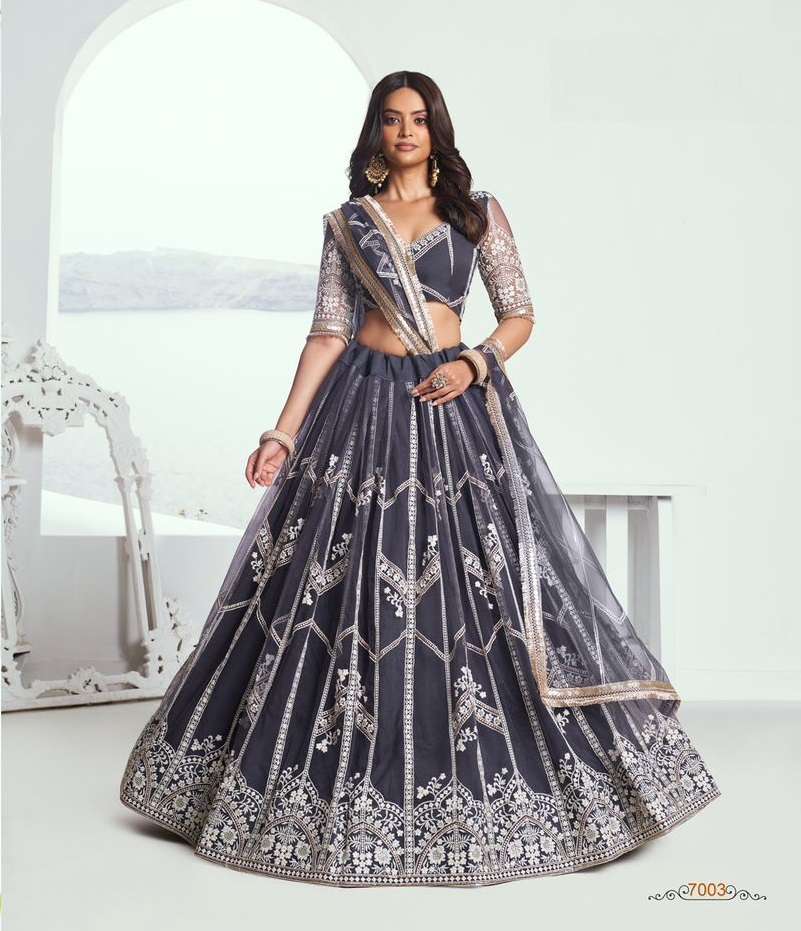 PREMIUM DESIGNER PARTY WEAR HEAVY NET GRAY LEHENGA NEW DESIGN DST NARAYN CHANDRAKALA 7003