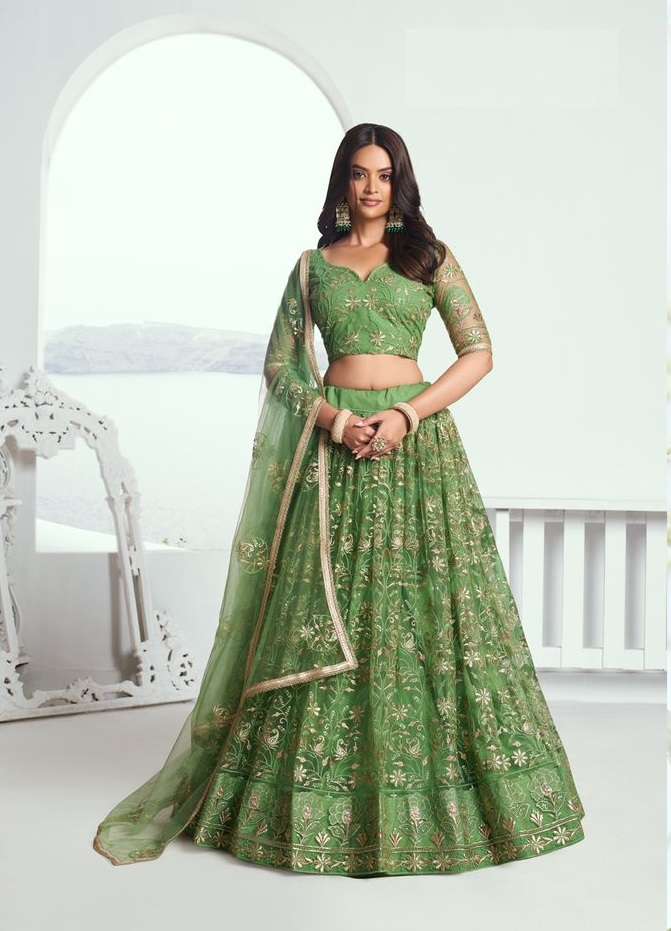 PREMIUM DESIGNER PARTY WEAR HEAVY NET GREEN LEHENGA NEW DESIGN DST NARAYN CHANDRAKALA 7005