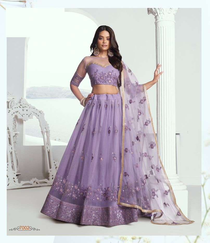 PREMIUM DESIGNER PARTY WEAR HEAVY NET LAVENDER LEHENGA NEW DESIGN DST NARAYN CHANDRAKALA 7002