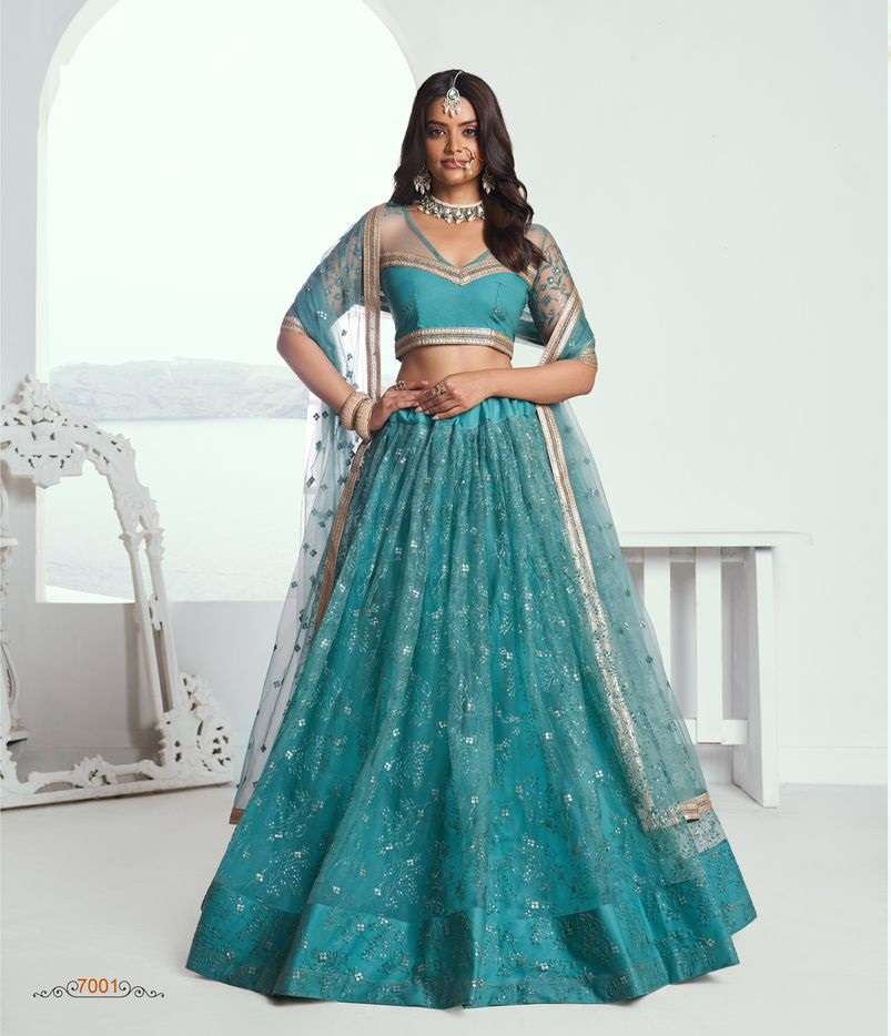 PREMIUM DESIGNER PARTY WEAR HEAVY NET RAMA GREEN LEHENGA NEW DESIGN DST NARAYN CHANDRAKALA 7001