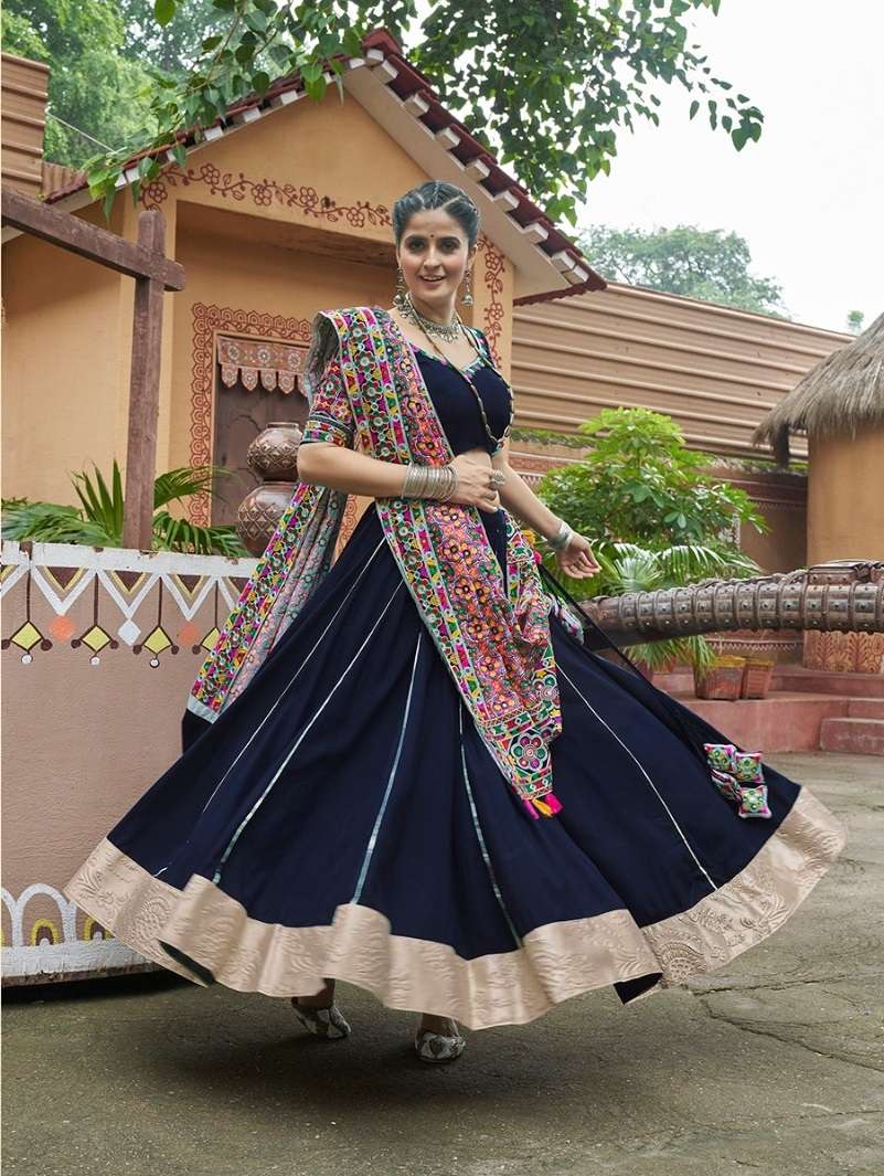 READY TO WEAR NAVRATRI RAYON COTTON BLACK LEHENGA CUM GAMTHI LEHENGA MIRROR WORK CHOLI KF RAAS 2451