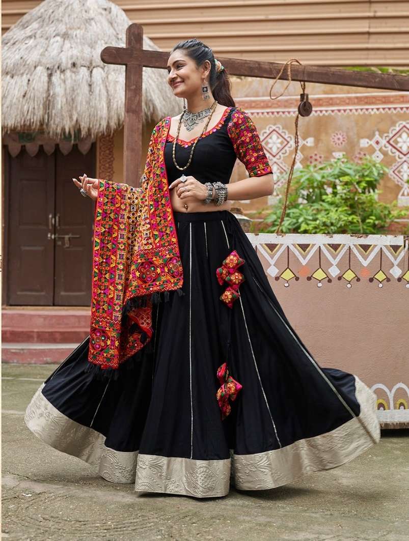 READY TO WEAR NAVRATRI RAYON COTTON BLACK LEHENGA CUM GAMTHI LEHENGA MIRROR WORK CHOLI KF RAAS 2454