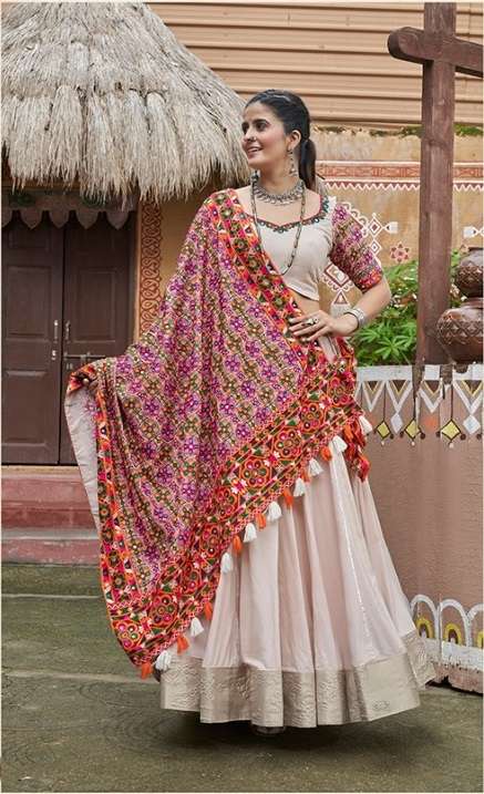 READY TO WEAR NAVRATRI RAYON COTTON CHIKU LEHENGA CUM GAMTHI LEHENGA MIRROR WORK CHOLI KF RAAS 2455