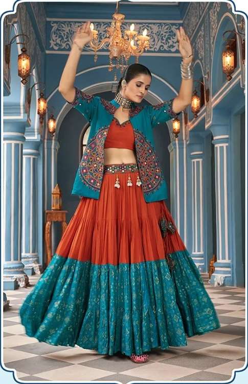 READY TO WEAR NAVRATRI RAYON COTTON LEHENGA CUM JACKETL EHENGA MIRROR WORK CHOLI KF 2442