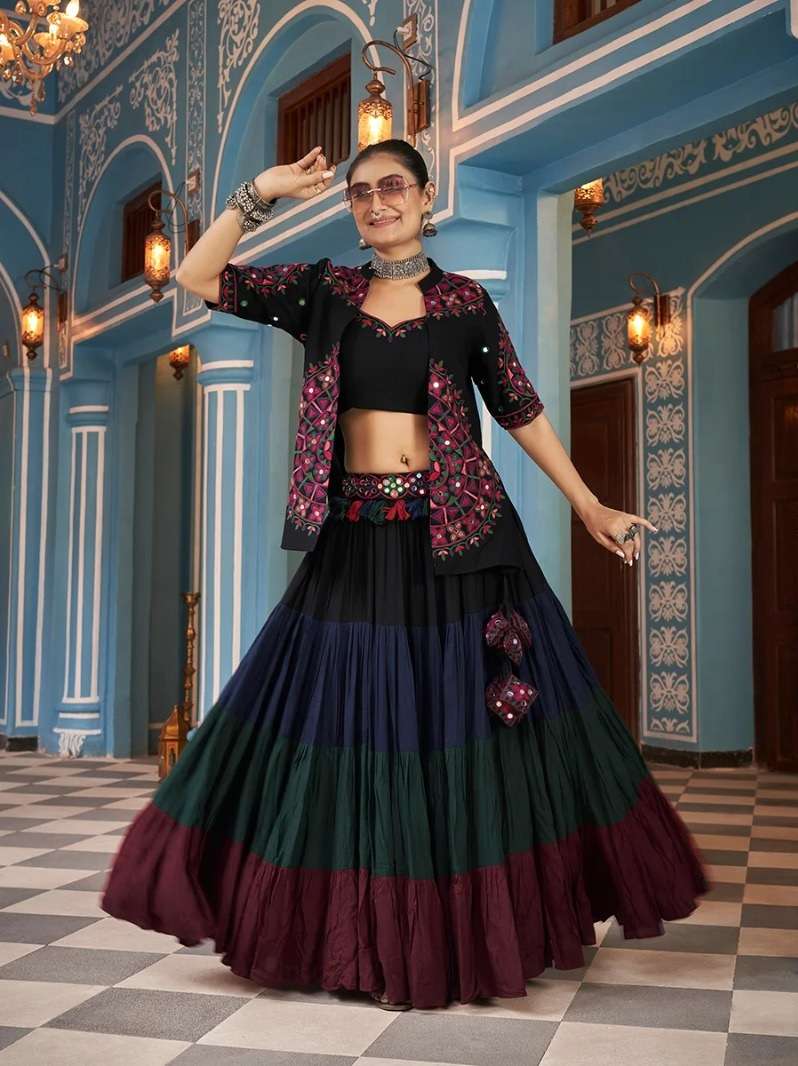 READY TO WEAR NAVRATRI RAYON COTTON LEHENGA CUM JACKETL EHENGA MIRROR WORK CHOLI KF 2443