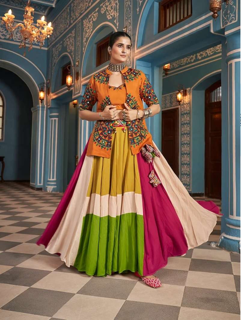 READY TO WEAR NAVRATRI RAYON COTTON LEHENGA CUM JACKETL EHENGA MIRROR WORK CHOLI KF 2444