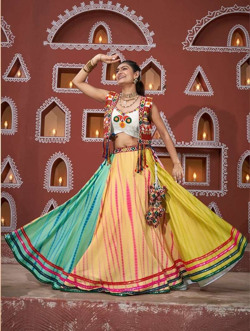 READY TO WEAR NAVRATRI RAYON COTTON LEHENGA CUM JACKET LEHENGA MIRROR WORK CHOLI KF RAAS 2461