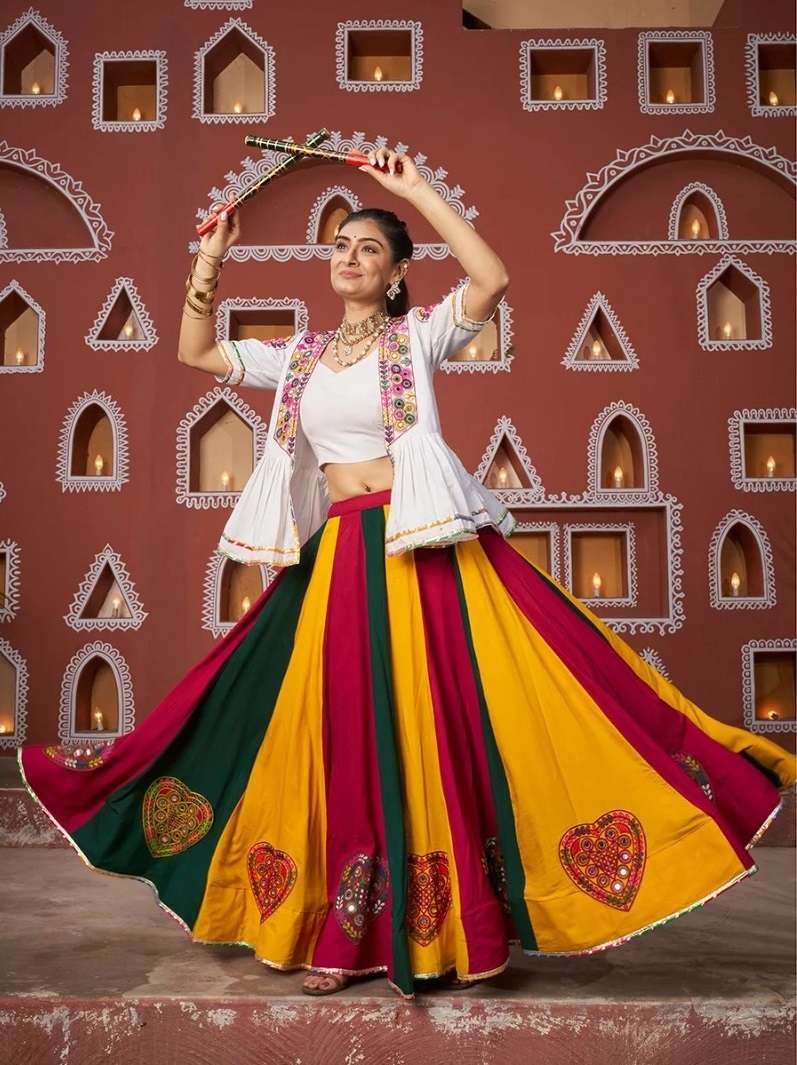 READY TO WEAR NAVRATRI RAYON COTTON LEHENGA CUM JACKET LEHENGA MIRROR WORK CHOLI KF RAAS 2463