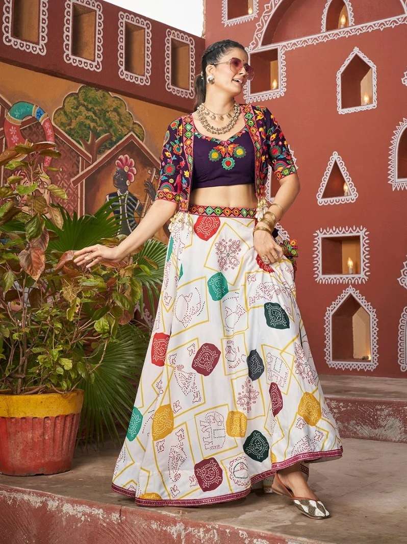 READY TO WEAR NAVRATRI RAYON COTTON LEHENGA CUM JACKET LEHENGA MIRROR WORK CHOLI KF RAAS 2464