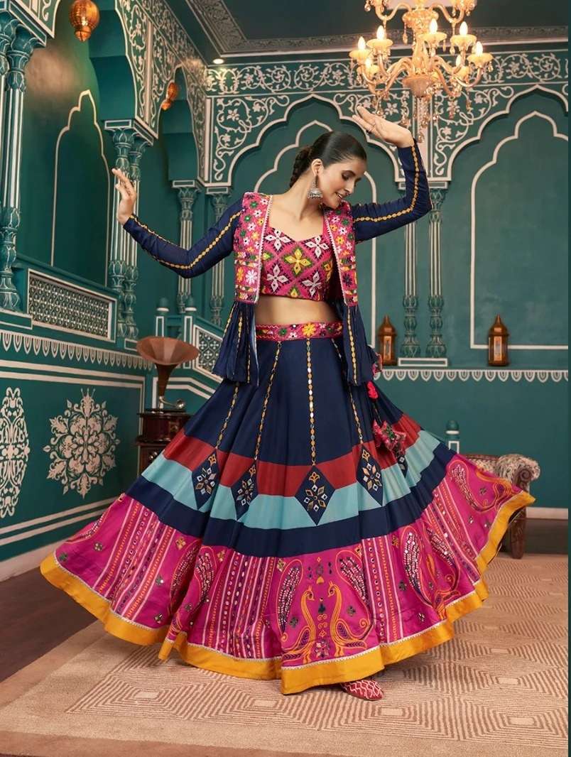 READY TO WEAR NAVRATRI RAYON COTTON MULTICOLOR LEHENGA CUM JACKET LEHENGA MIRROR WORK CHOLI KF RAAS 2472