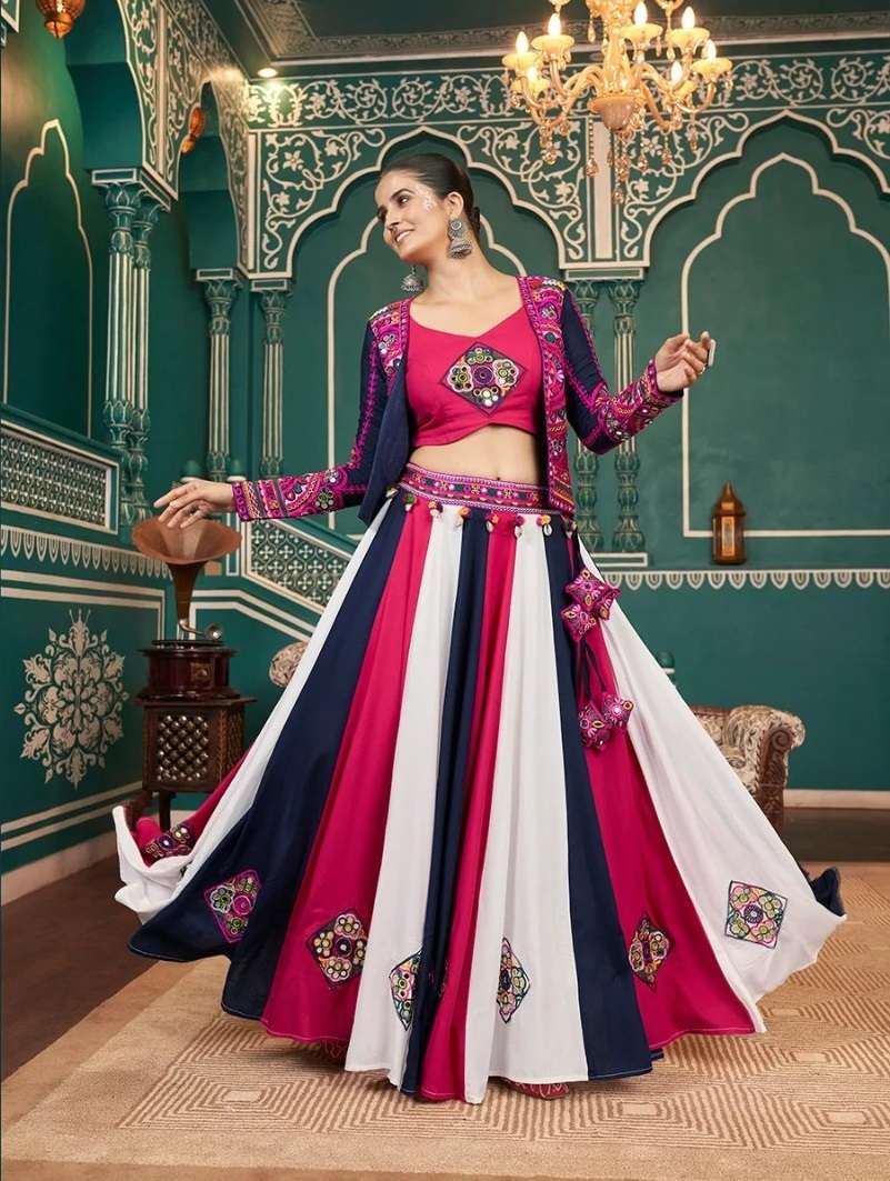 READY TO WEAR NAVRATRI RAYON COTTON MULTICOLOR LEHENGA CUM JACKET LEHENGA MIRROR WORK CHOLI KF RAAS 2474