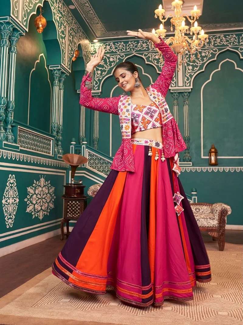 READY TO WEAR NAVRATRI RAYON COTTON MULTICOLOR LEHENGA CUM JACKET LEHENGA MIRROR WORK CHOLI KF RAAS 2475