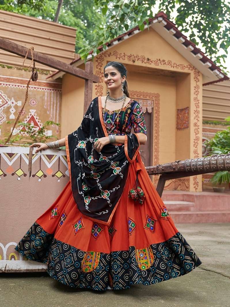 READY TO WEAR NAVRATRI RAYON COTTON ORANGE LEHENGA CUM GAMTHI LEHENGA MIRROR WORK CHOLI KF RAAS 2453