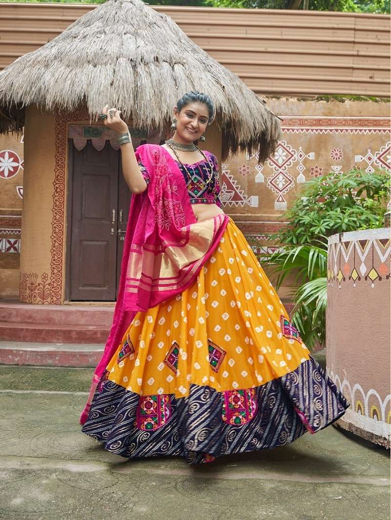 READY TO WEAR NAVRATRI RAYON COTTON YELLOW LEHENGA CUM GAMTHI LEHENGA MIRROR WORK CHOLI KF RAAS 2456