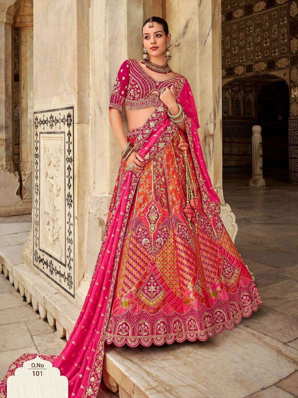 DESIGNER BRIDAL WEDDING PARTY WEAR MULTICOLOR HEAVY BANARASI SILK LEHENGA CHOLI WITH AARI WORK SM KALAMKARI 101