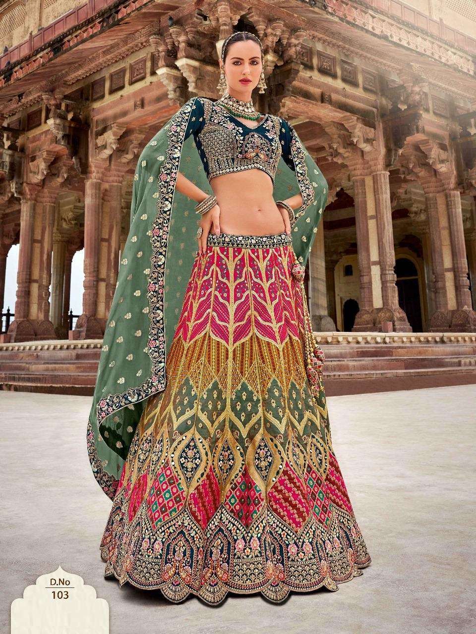 DESIGNER BRIDAL WEDDING PARTY WEAR MULTICOLOR HEAVY BANARASI SILK LEHENGA CHOLI WITH AARI WORK SM KALAMKARI 103