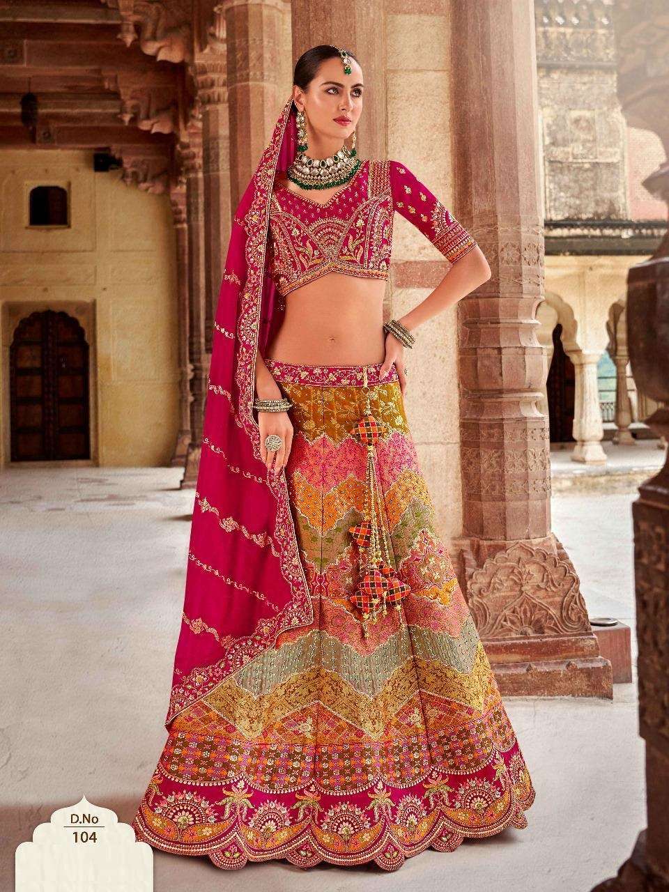 DESIGNER BRIDAL WEDDING PARTY WEAR MULTICOLOR HEAVY BANARASI SILK LEHENGA CHOLI WITH AARI WORK SM KALAMKARI 104