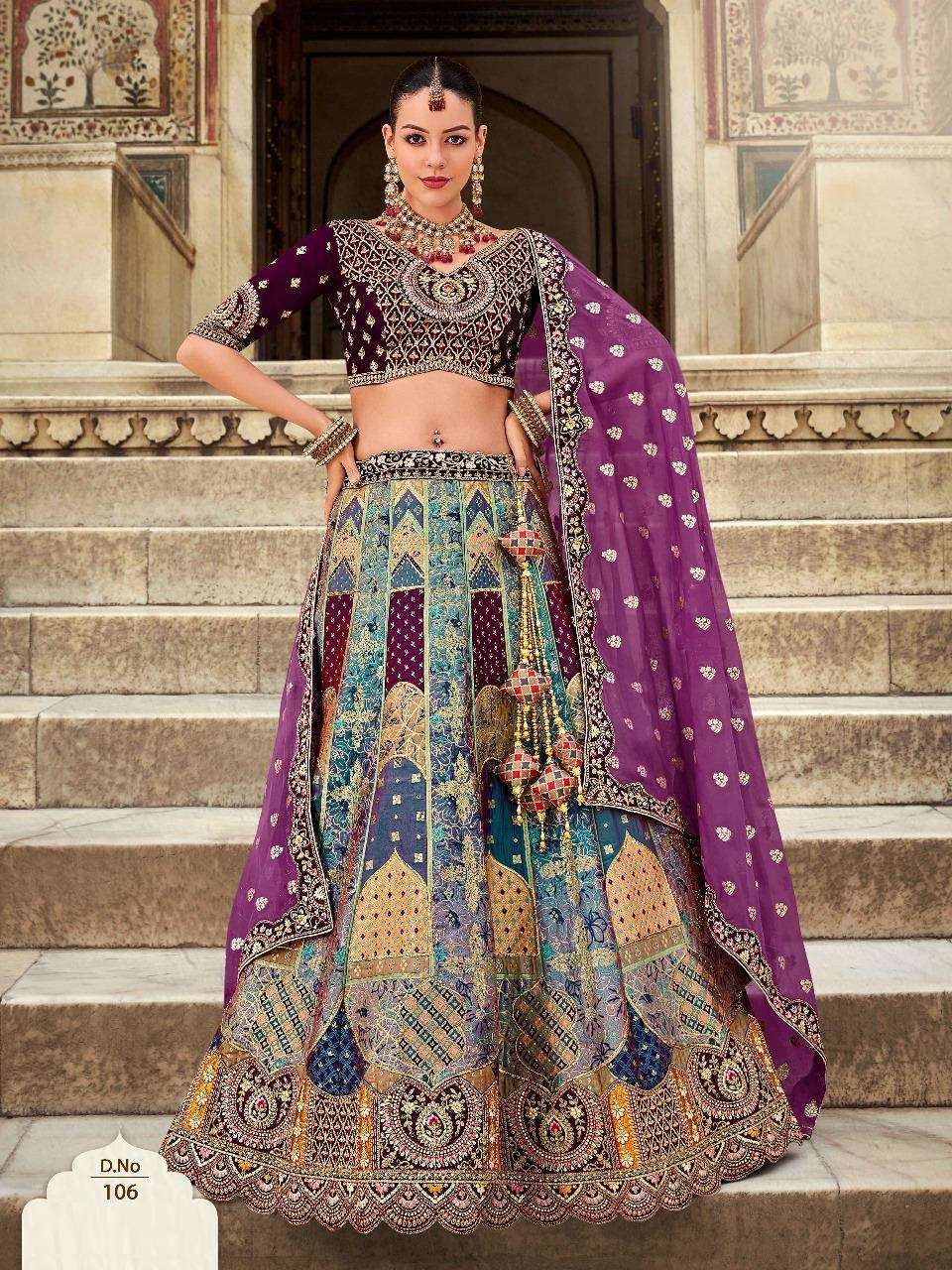 DESIGNER BRIDAL WEDDING PARTY WEAR MULTICOLOR HEAVY BANARASI SILK LEHENGA CHOLI WITH AARI WORK SM KALAMKARI 106