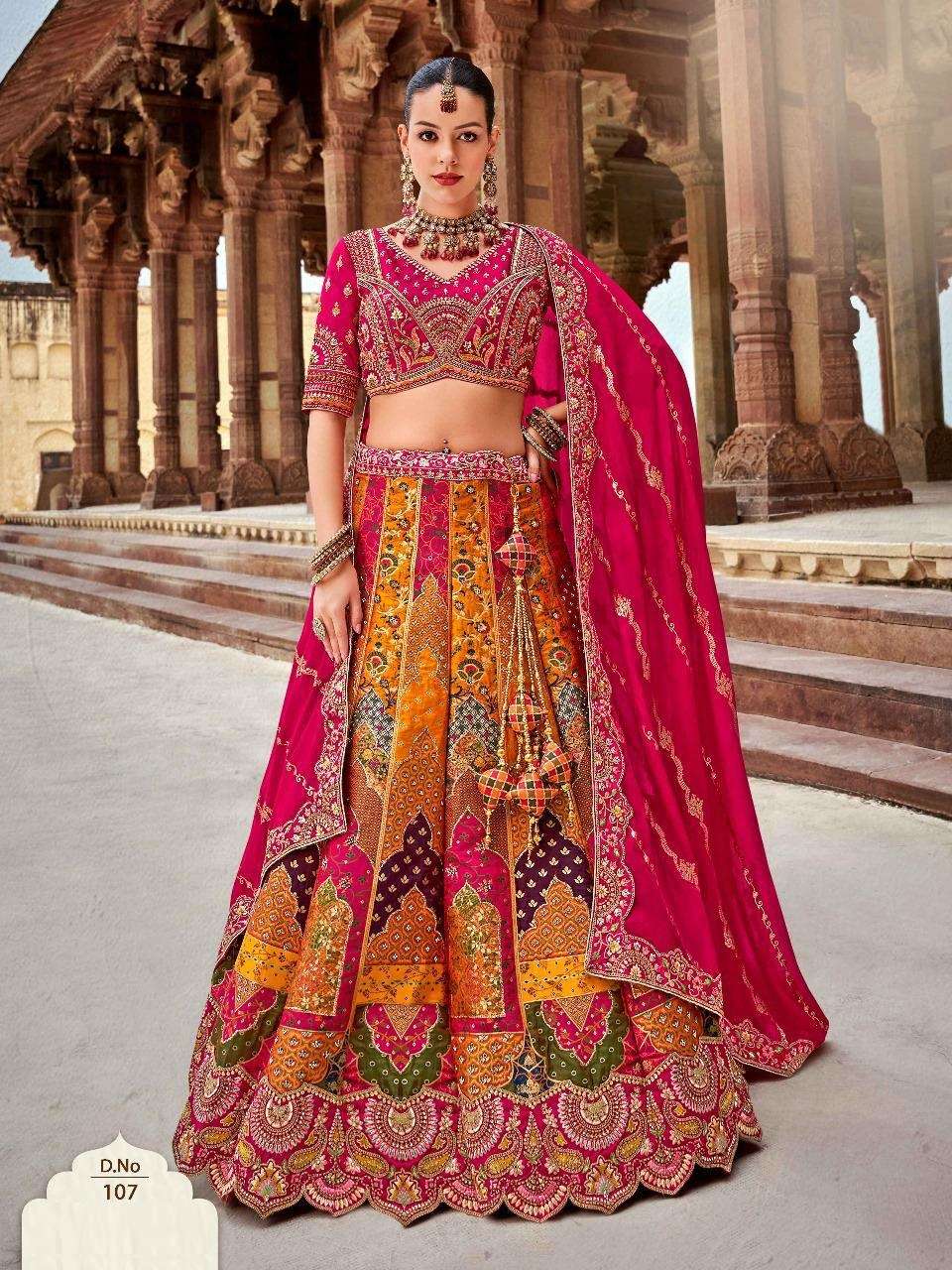 DESIGNER BRIDAL WEDDING PARTY WEAR MULTICOLOR HEAVY BANARASI SILK LEHENGA CHOLI WITH AARI WORK SM KALAMKARI 107