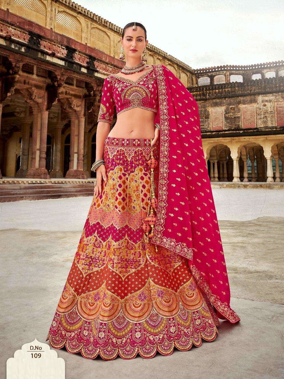 DESIGNER BRIDAL WEDDING PARTY WEAR MULTICOLOR HEAVY BANARASI SILK LEHENGA CHOLI WITH AARI WORK SM KALAMKARI 109