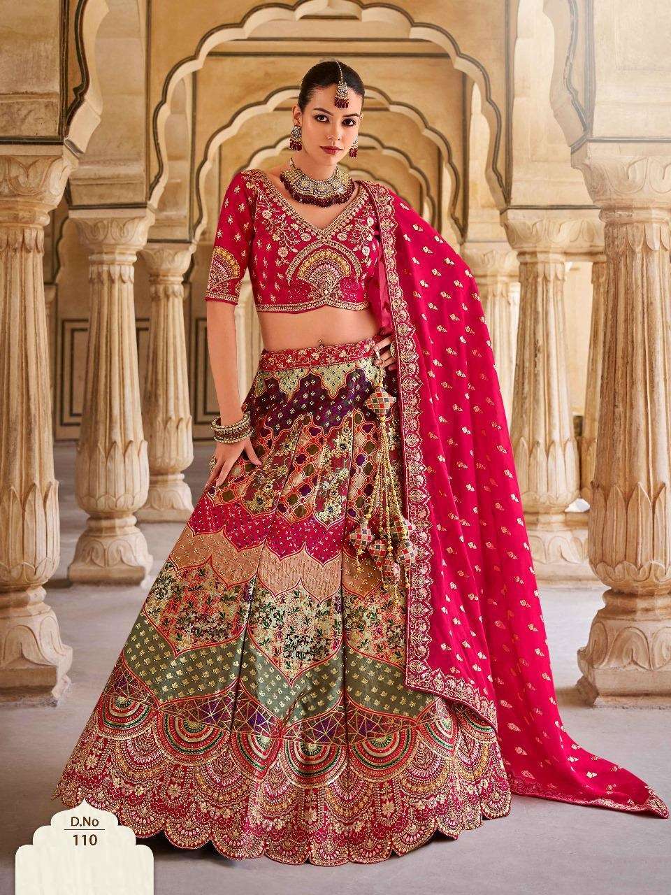 DESIGNER BRIDAL WEDDING PARTY WEAR MULTICOLOR HEAVY BANARASI SILK LEHENGA CHOLI WITH AARI WORK SM KALAMKARI 110