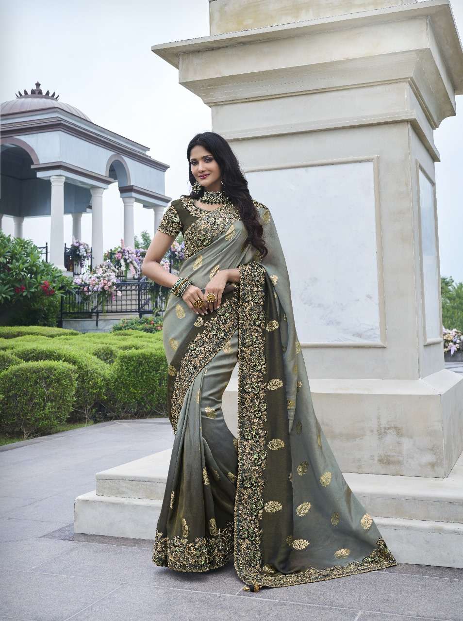 DESIGNER FANCY WEDDING PARTY WEAR INDIAN BLACK GREY ORGANZA SILK SAREE COLLECTION SM SULAKSHMI 8409