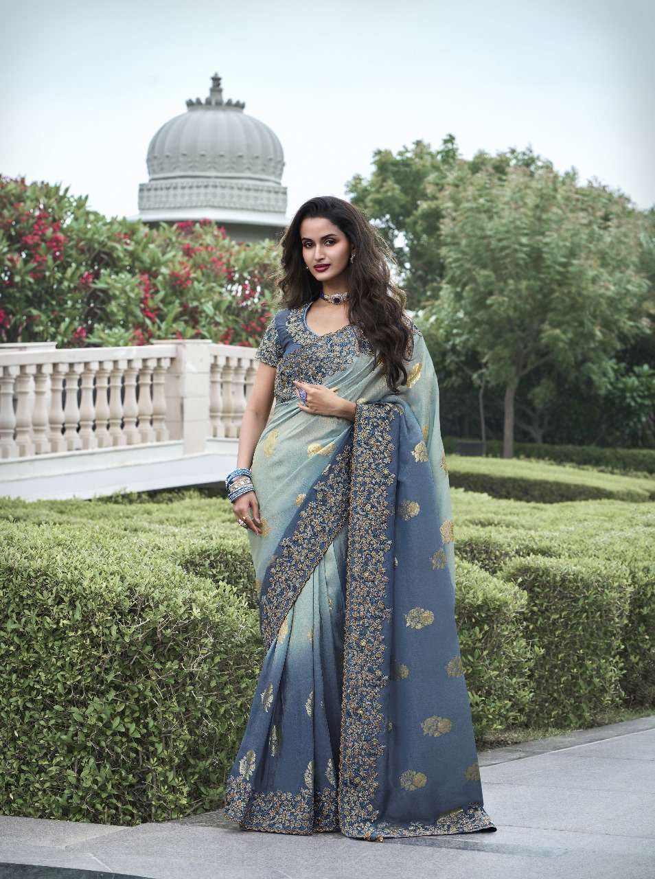 DESIGNER FANCY WEDDING PARTY WEAR INDIAN BLUE ORGANZA SILK SAREE COLLECTION SM SULAKSHMI 8404