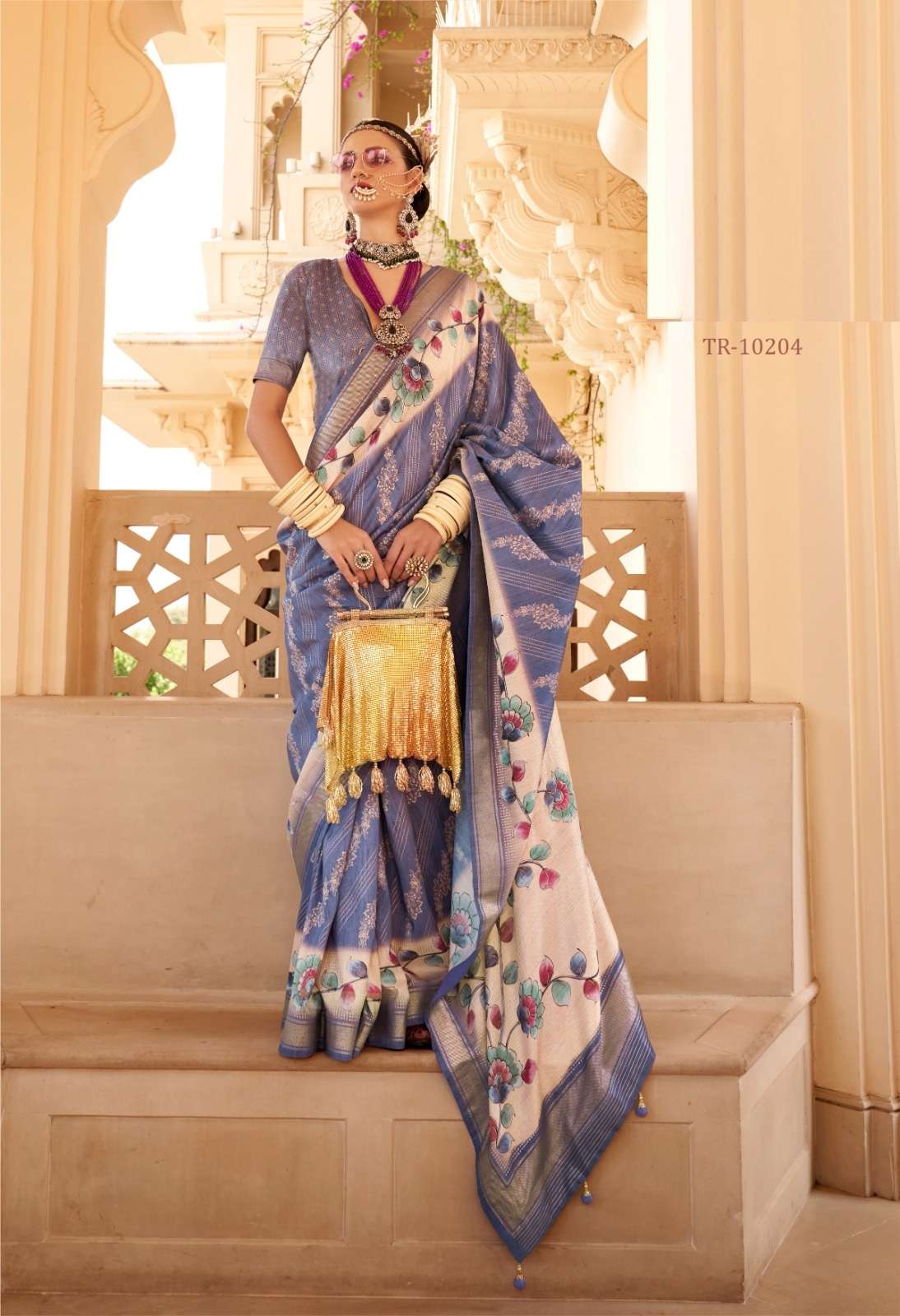 DESIGNER FANCY WEDDING PARTY WEAR INDIAN BLUE SILK SAREE COLLECTION SM TRIRATH 10204