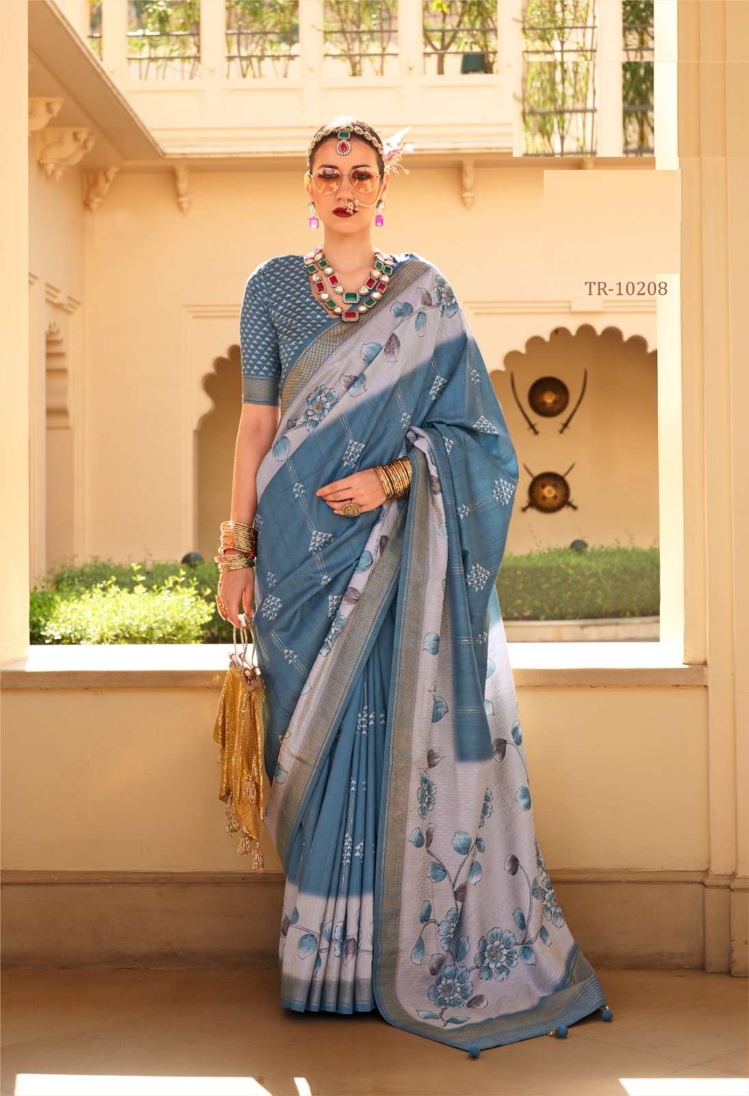 DESIGNER FANCY WEDDING PARTY WEAR INDIAN BLUE SILK SAREE COLLECTION SM TRIRATH 10208