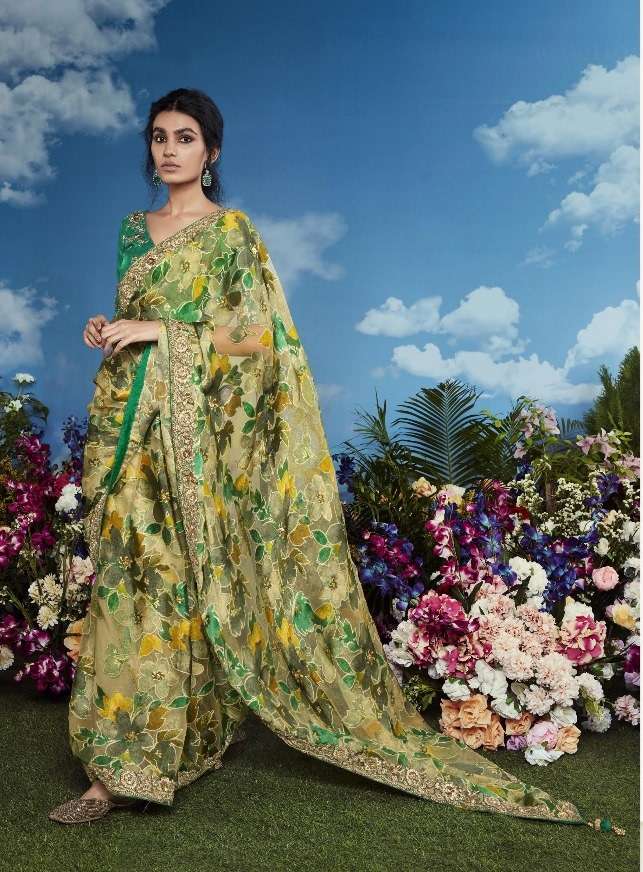 DESIGNER FANCY WEDDING PARTY WEAR INDIAN BRASSO SILK GREEN SAREE COLLECTION SM KM BAGHICHA 5283