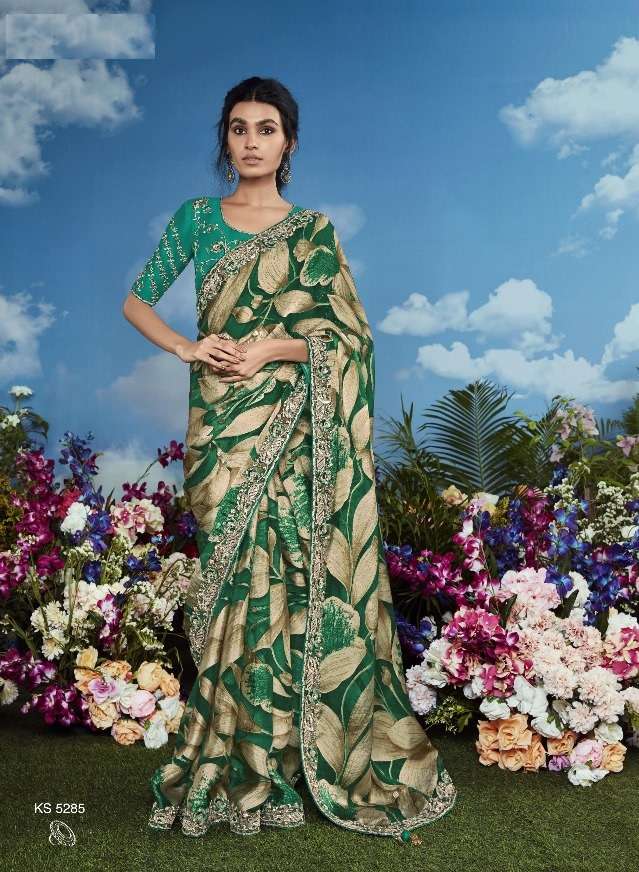 DESIGNER FANCY WEDDING PARTY WEAR INDIAN BRASSO SILK GREEN SAREE COLLECTION SM KM BAGHICHA 5285