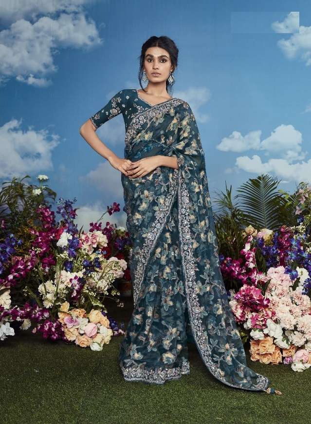 DESIGNER FANCY WEDDING PARTY WEAR INDIAN BRASSO SILK BLUE SAREE COLLECTION SM KM BAGHICHA 5286