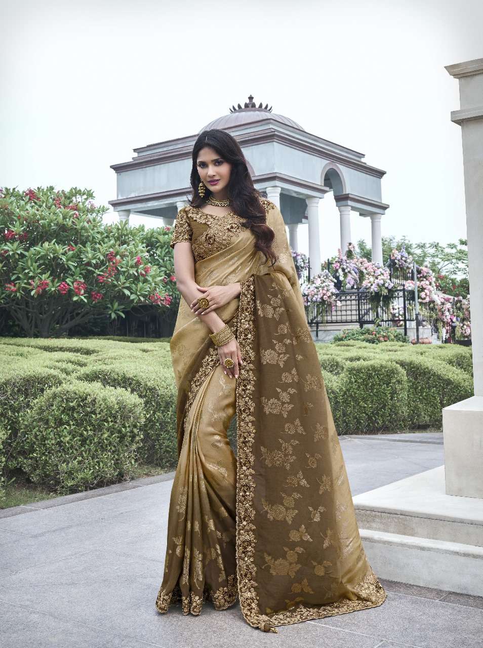 DESIGNER FANCY WEDDING PARTY WEAR INDIAN CHIKU ORGANZA SILK SAREE COLLECTION SM SULAKSHMI 8407