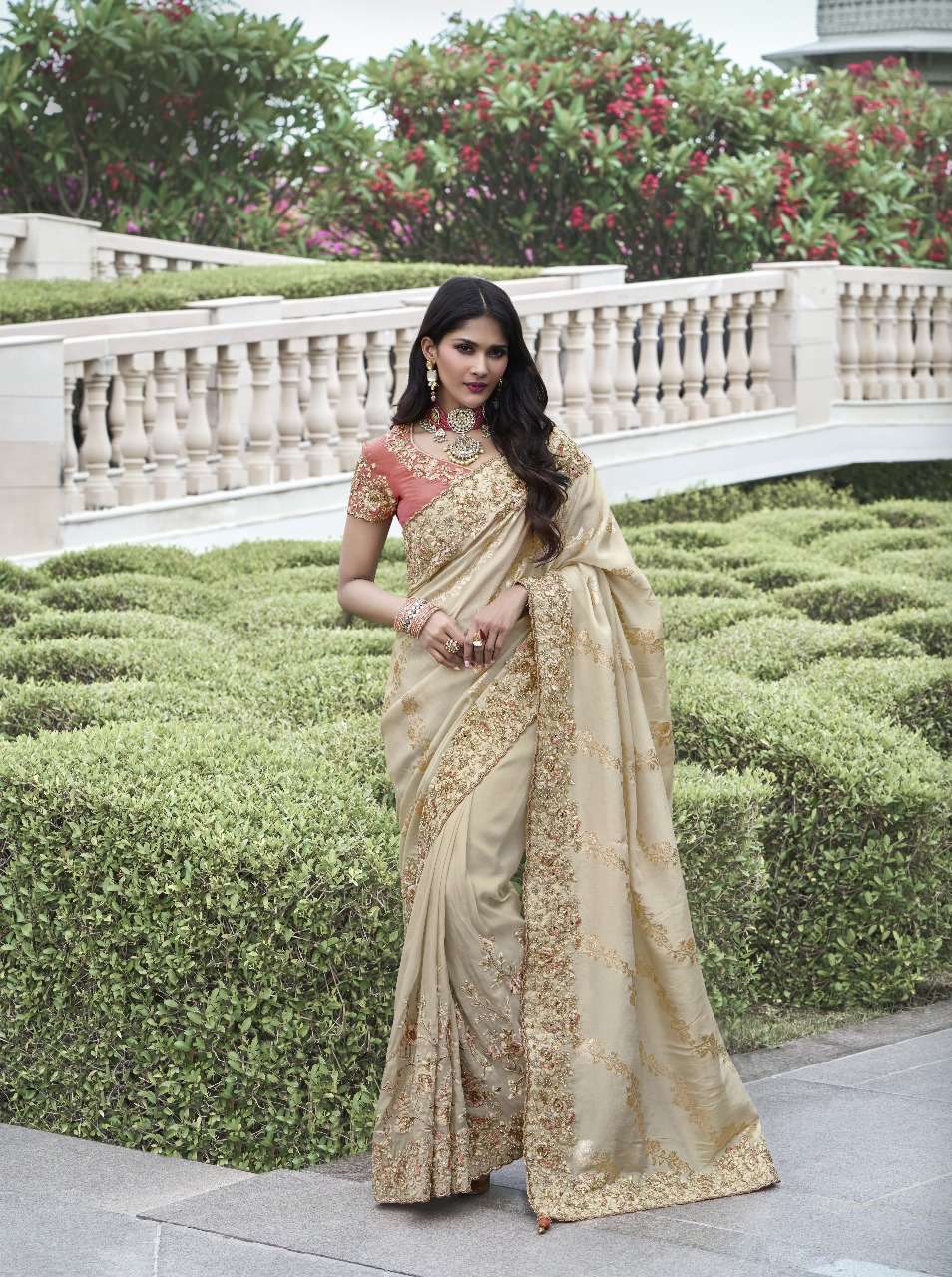 DESIGNER FANCY WEDDING PARTY WEAR INDIAN CHIKU ORGANZA SILK SAREE COLLECTION SM SULAKSHMI 8411