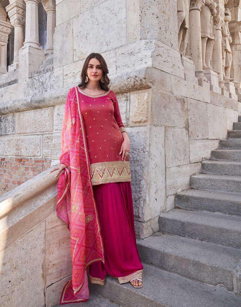 DESIGNER FANCY WEDDING PARTY WEAR INDIAN CHINON SILK RED RANI SHARARA PALAZZO SALWAR SUIT SY SAKHI 5646