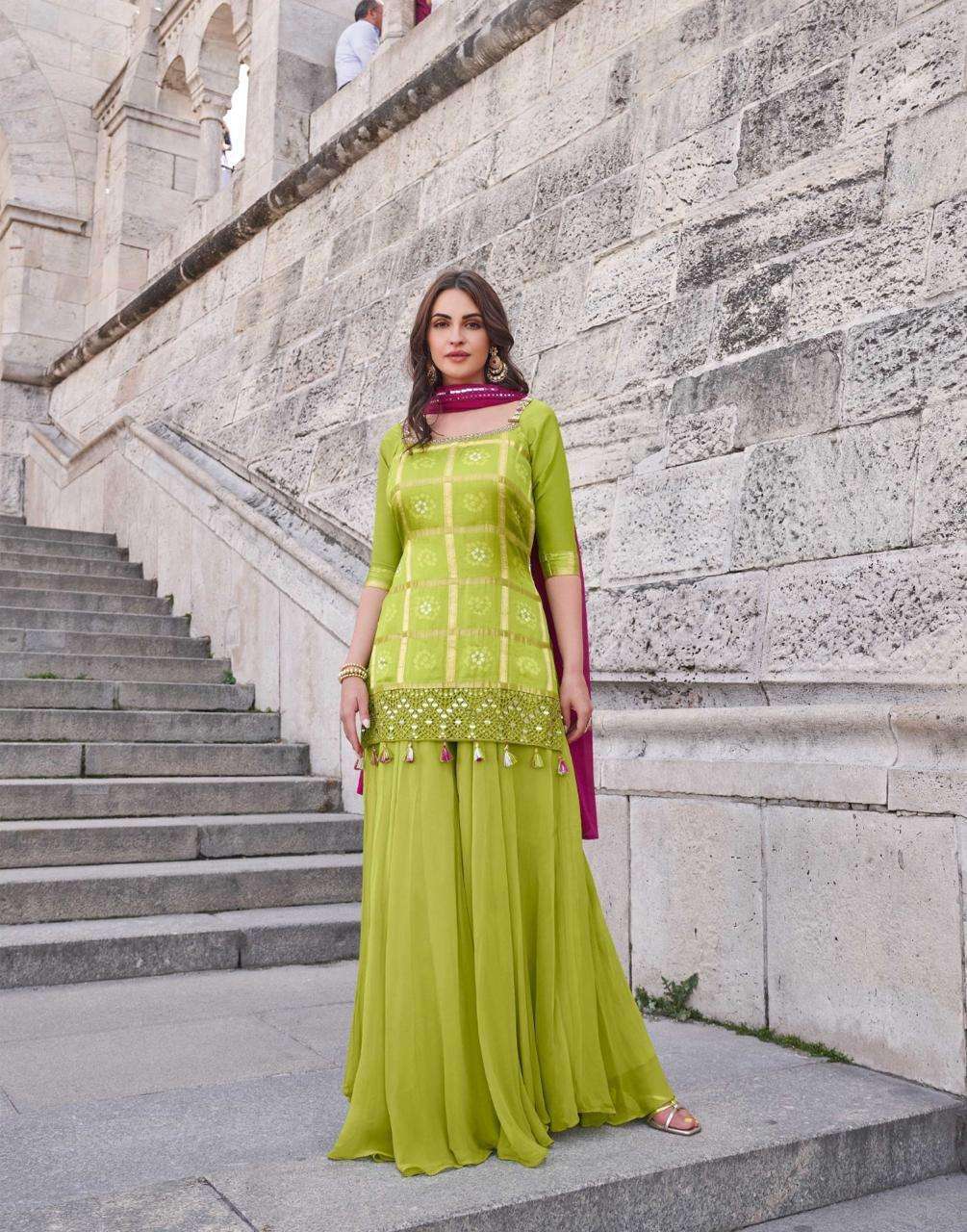 DESIGNER FANCY WEDDING PARTY WEAR INDIAN CHINON SILK GREEN SHARARA PALAZZO SALWAR SUIT SY SAKHI 5648