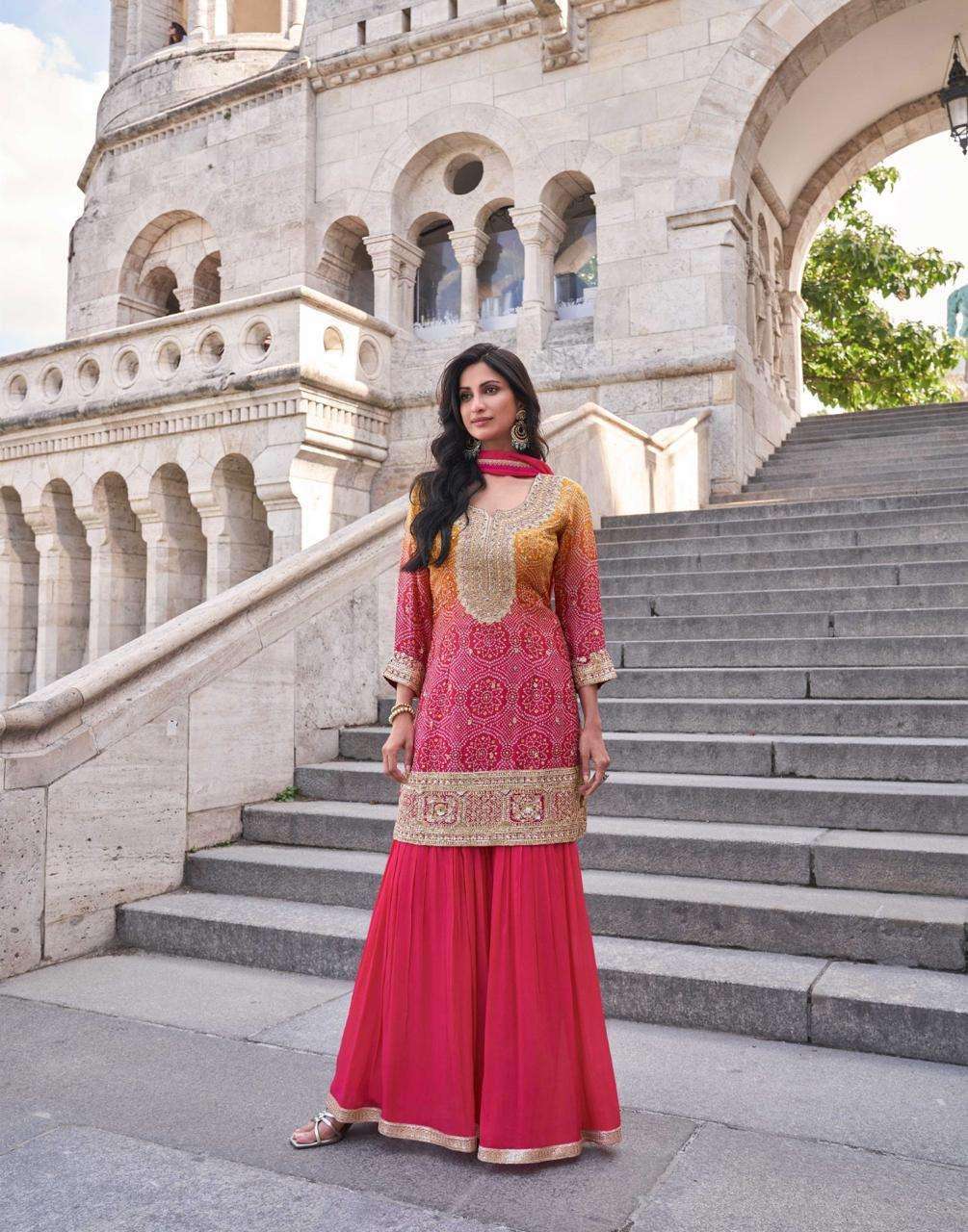 DESIGNER FANCY WEDDING PARTY WEAR INDIAN CHINON SILK RED SHARARA PALAZZO SALWAR SUIT SY SAKHI 5649