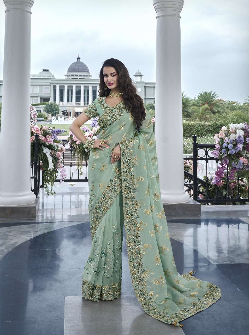 DESIGNER FANCY WEDDING PARTY WEAR INDIAN GREEN ORGANZA SILK SAREE COLLECTION SM SULAKSHMI 8406