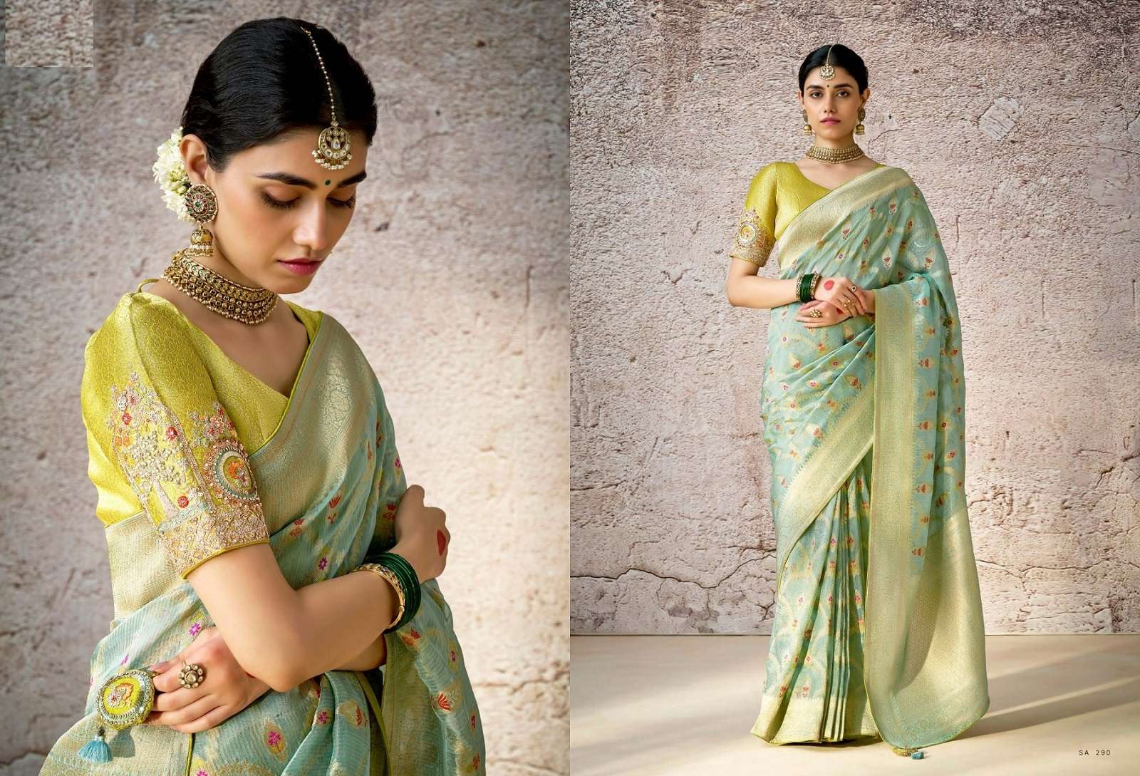 DESIGNER FANCY WEDDING PARTY WEAR INDIAN GREEN SILK SAREE COLLECTION SM KM KASHI 290