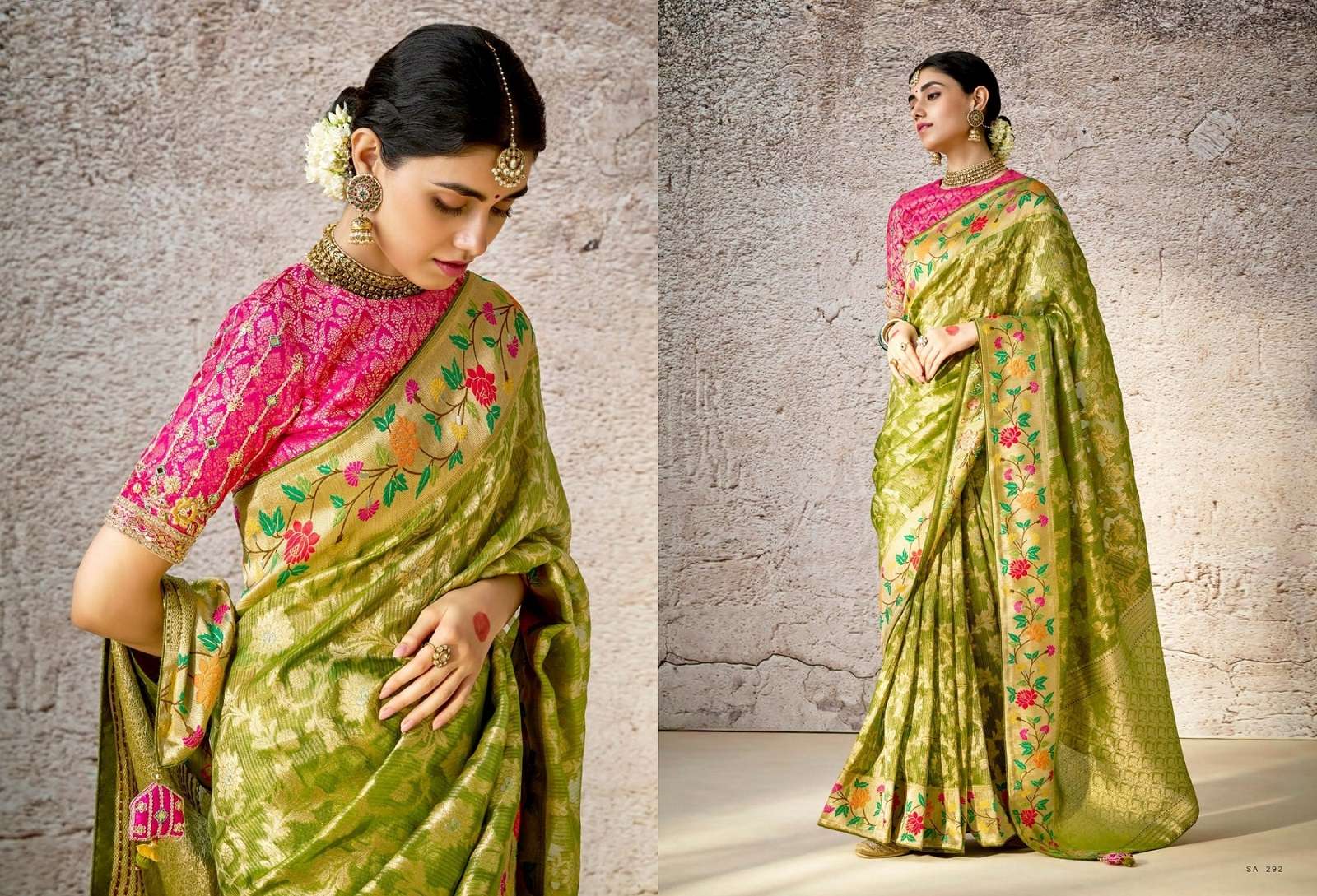 DESIGNER FANCY WEDDING PARTY WEAR INDIAN GREEN SILK SAREE COLLECTION SM KM KASHI 292