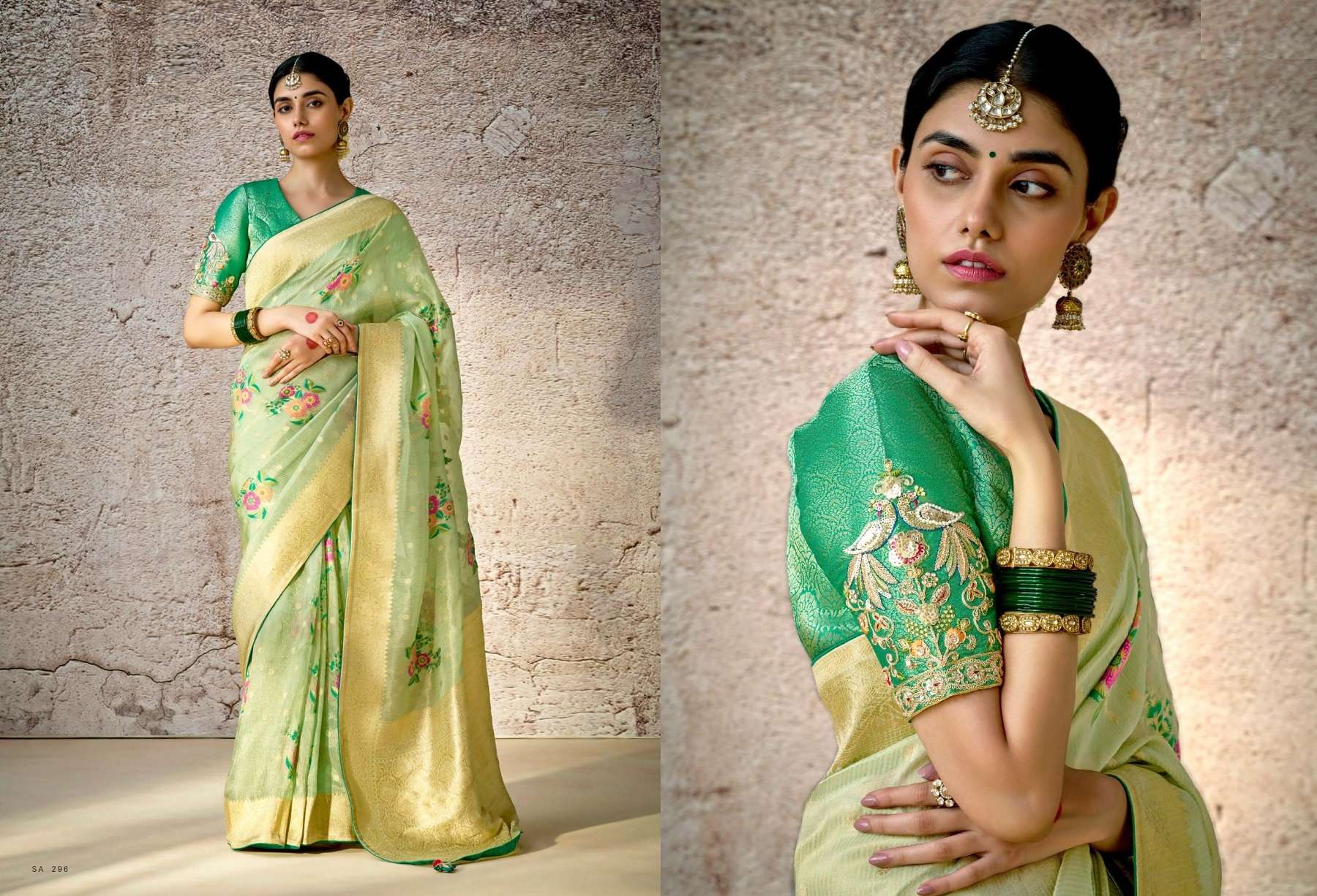 DESIGNER FANCY WEDDING PARTY WEAR INDIAN GREEN SILK SAREE COLLECTION SM KM KASHI 296